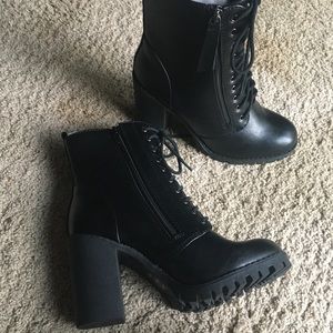 Black Chunky Heel Lace Up Combat Boots Booties